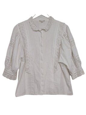 Intropia 40 Eyelet Lace Shirt Womens Size Medium White 100% Cotton 3/4 Sleeve